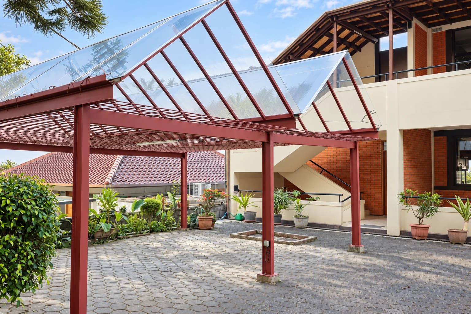 AI-edited photo of Villa 3’s arrival courtyard, translucent canopies and outside stairs
