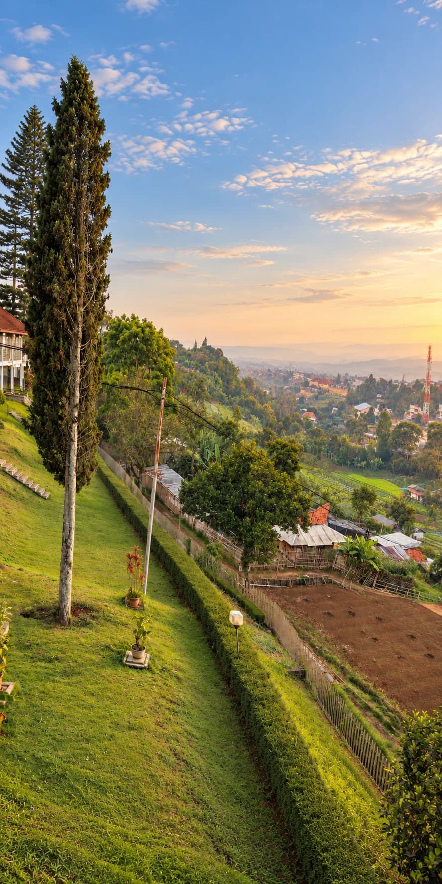 AI-edited photo of Villa 3’s sloping garden and the fields and homes of the Lembang valley