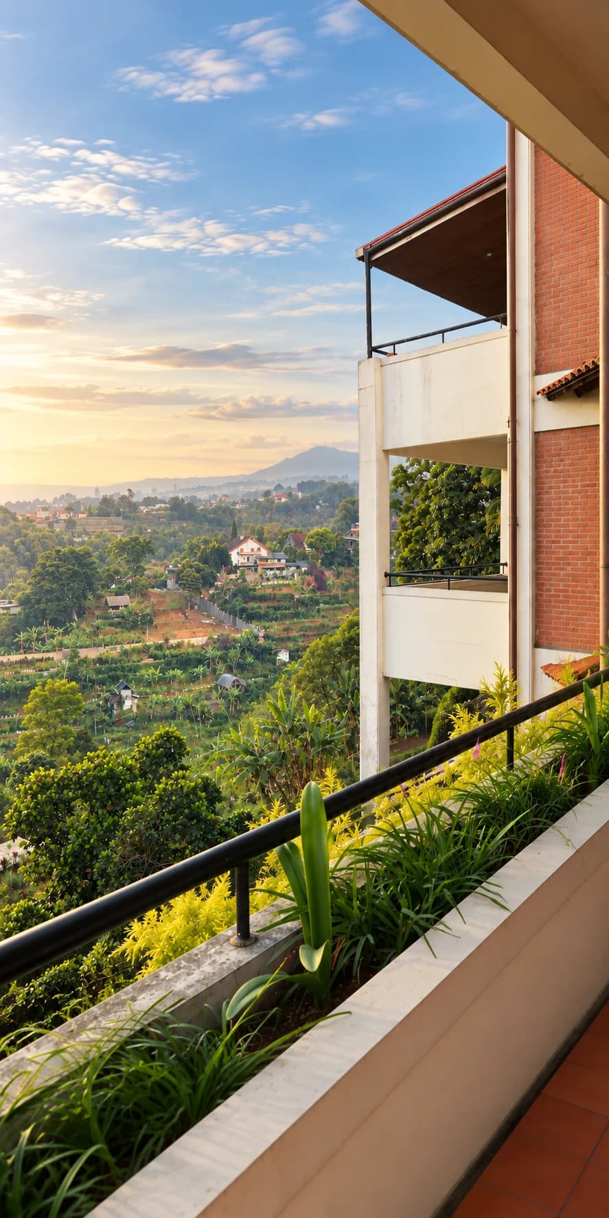 AI-edited photo of Villa 3’s brick-and-white balconies overlooking the green Lembang valley
